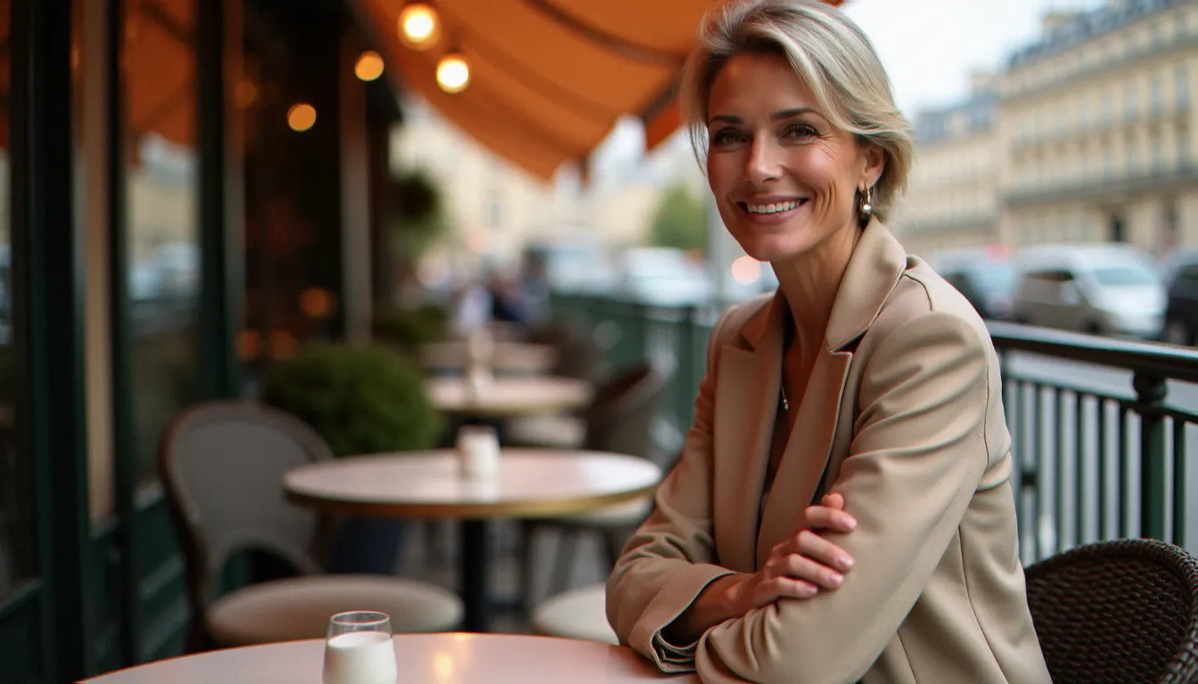Femme mûre élégante attablée à une terrasse de café parisien, incarnant la confiance et le style cougar paris