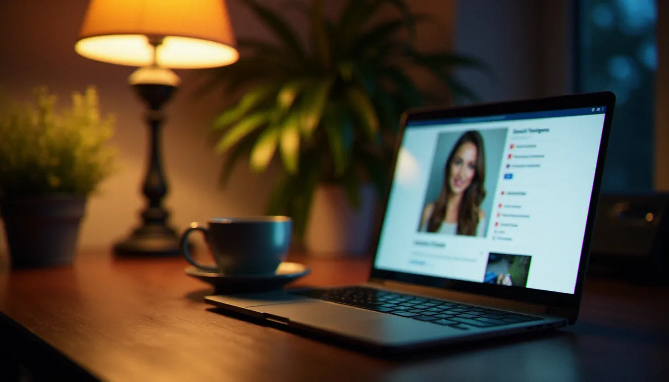 Bureau à domicile avec ordinateur portable ouvert sur une interface de rencontre floue, illustrant l'utilisation d'une cougar place numérique le soir