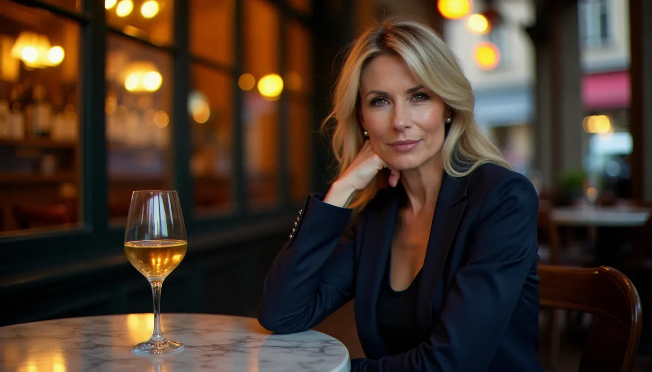Femme élégante d'une quarantaine d'années dans un bar parisien raffiné, verre de vin blanc sur table en marbre — cougar place idéale pour rencontres mûres
