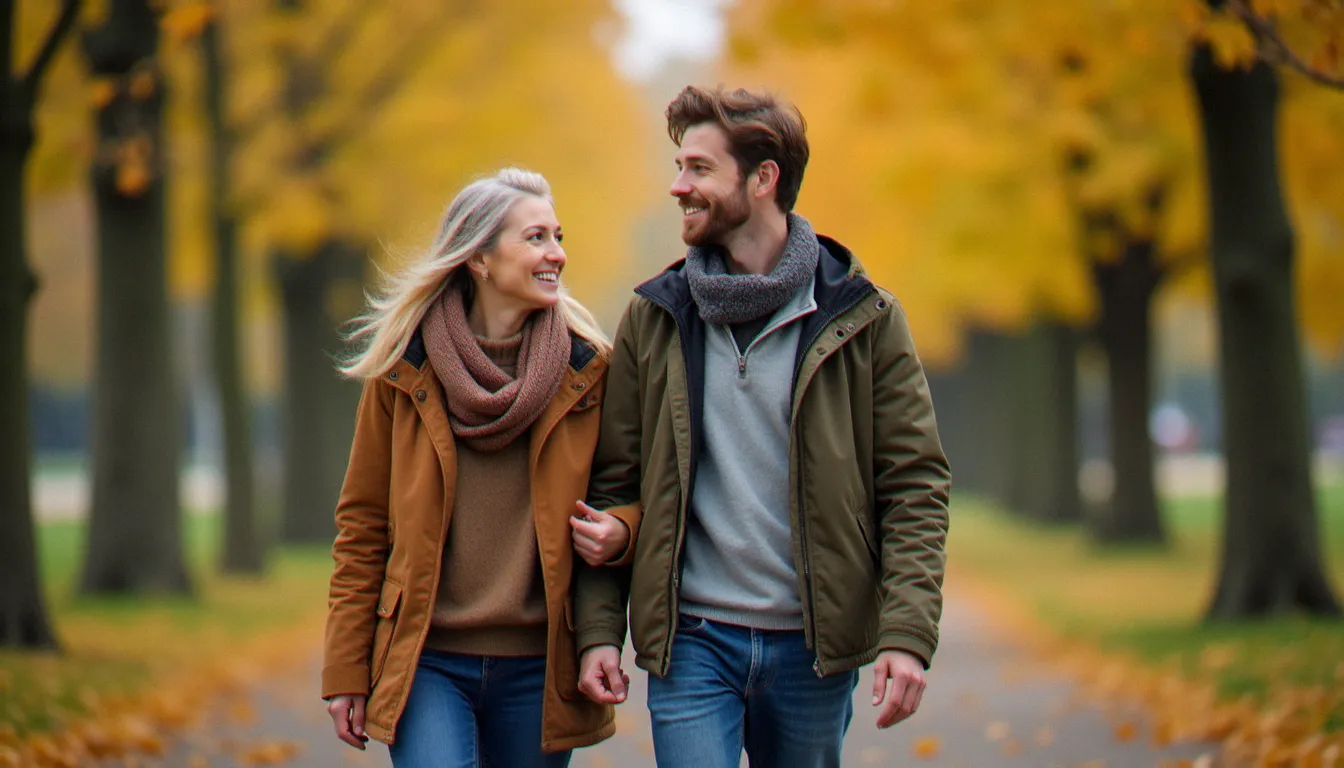 Couple avec écart d'âge se promenant dans un parc français en automne, représentant une relation cougar épanouie et sérieuse