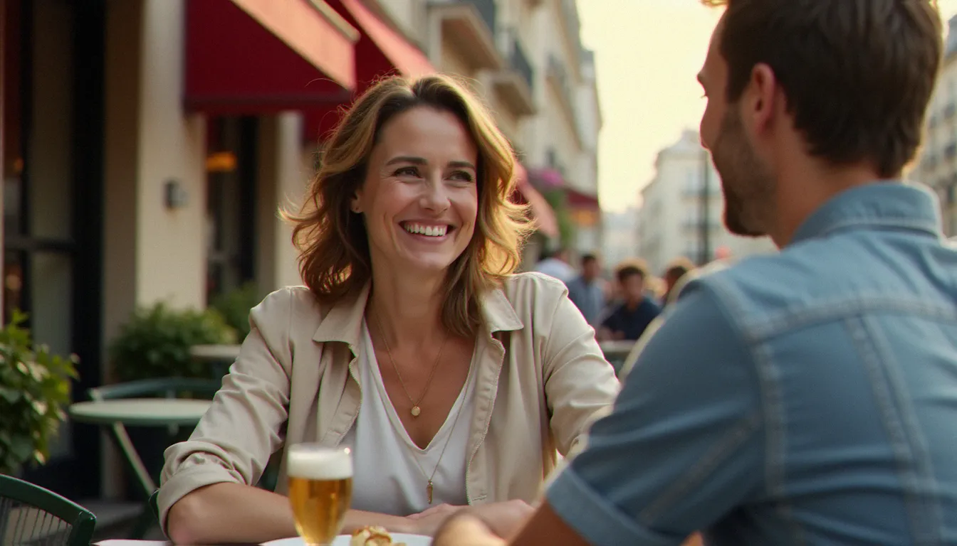 Femme mûre élégante et homme jeune en conversation complice à une terrasse de café parisien, illustrant la dynamique cougar pour un homme