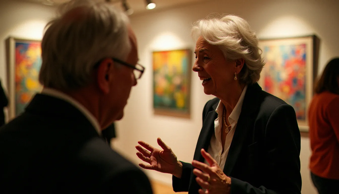 Femme mature et homme plus jeune en grande conversation lors d'un vernissage, illustrant la complicité dans une relation cougar