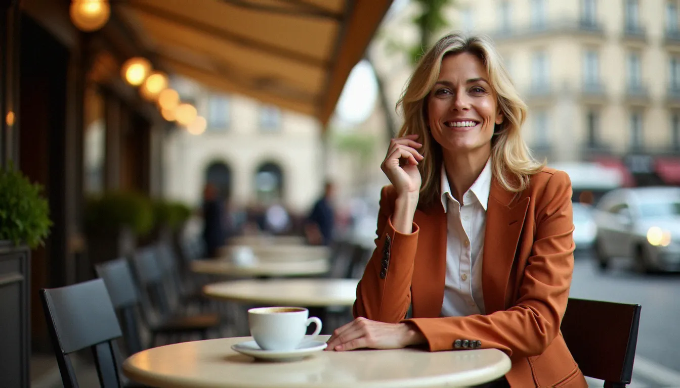 Femme élégante d'une quarantaine d'années souriante en terrasse parisienne, illustrant la confiance en soi dans une cougar rencontre