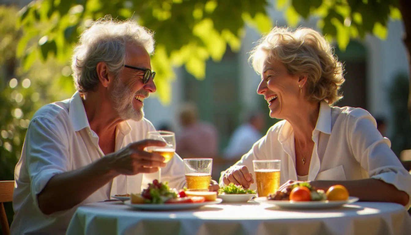 Rencontre intergénérationnelle lors d'un déjeuner en terrasse, illustrant une relation cougar épanouie