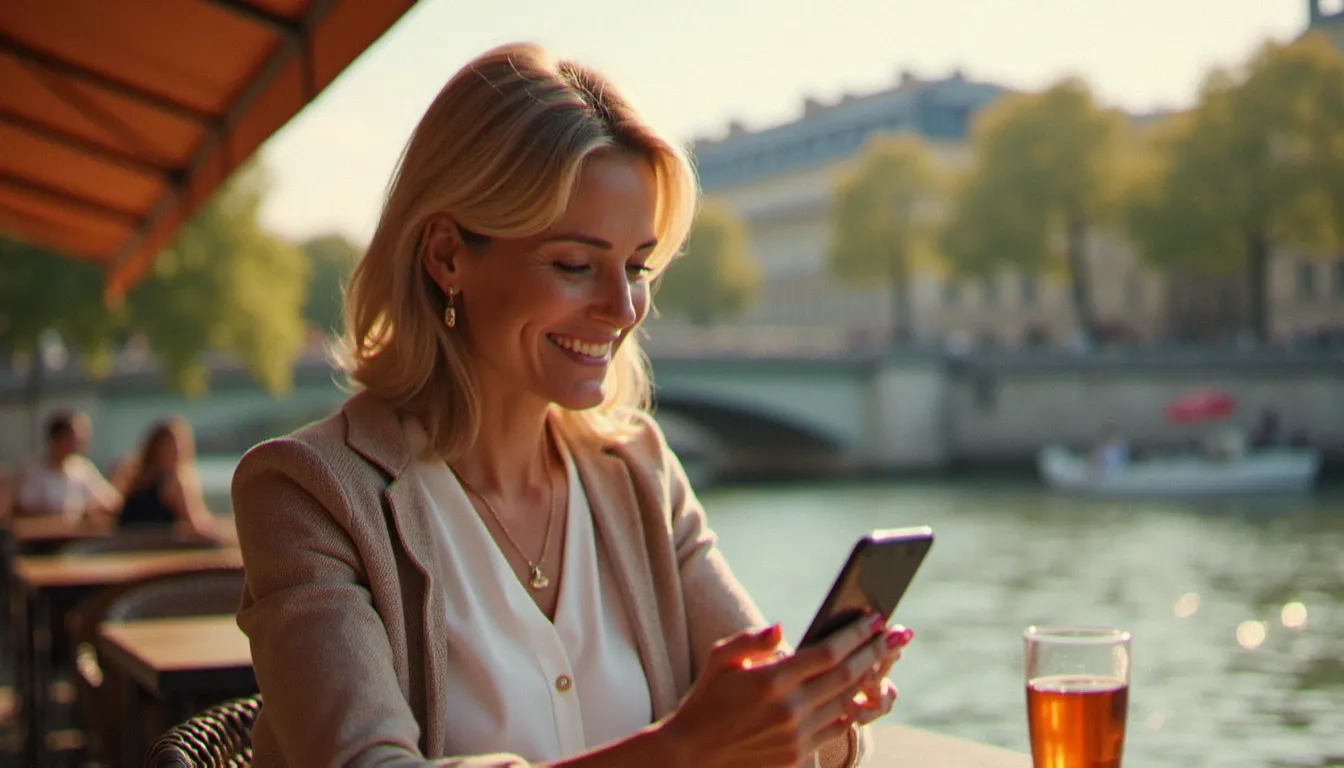 Femme mûre élégante consultant un cougar site sur son téléphone en terrasse de café à Paris