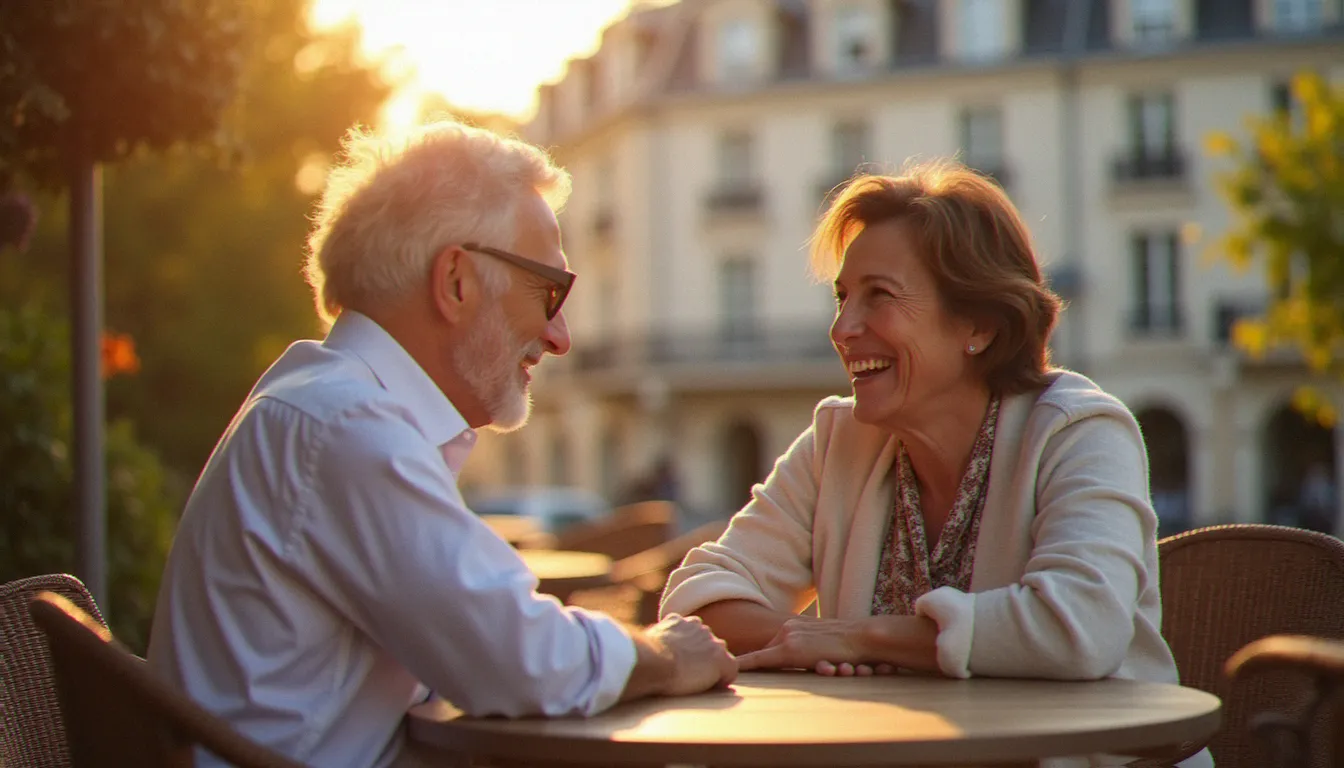 Femme mûre et homme plus jeune en conversation complice à une terrasse française, illustrant la dynamique d'une rencontre cougar authentique