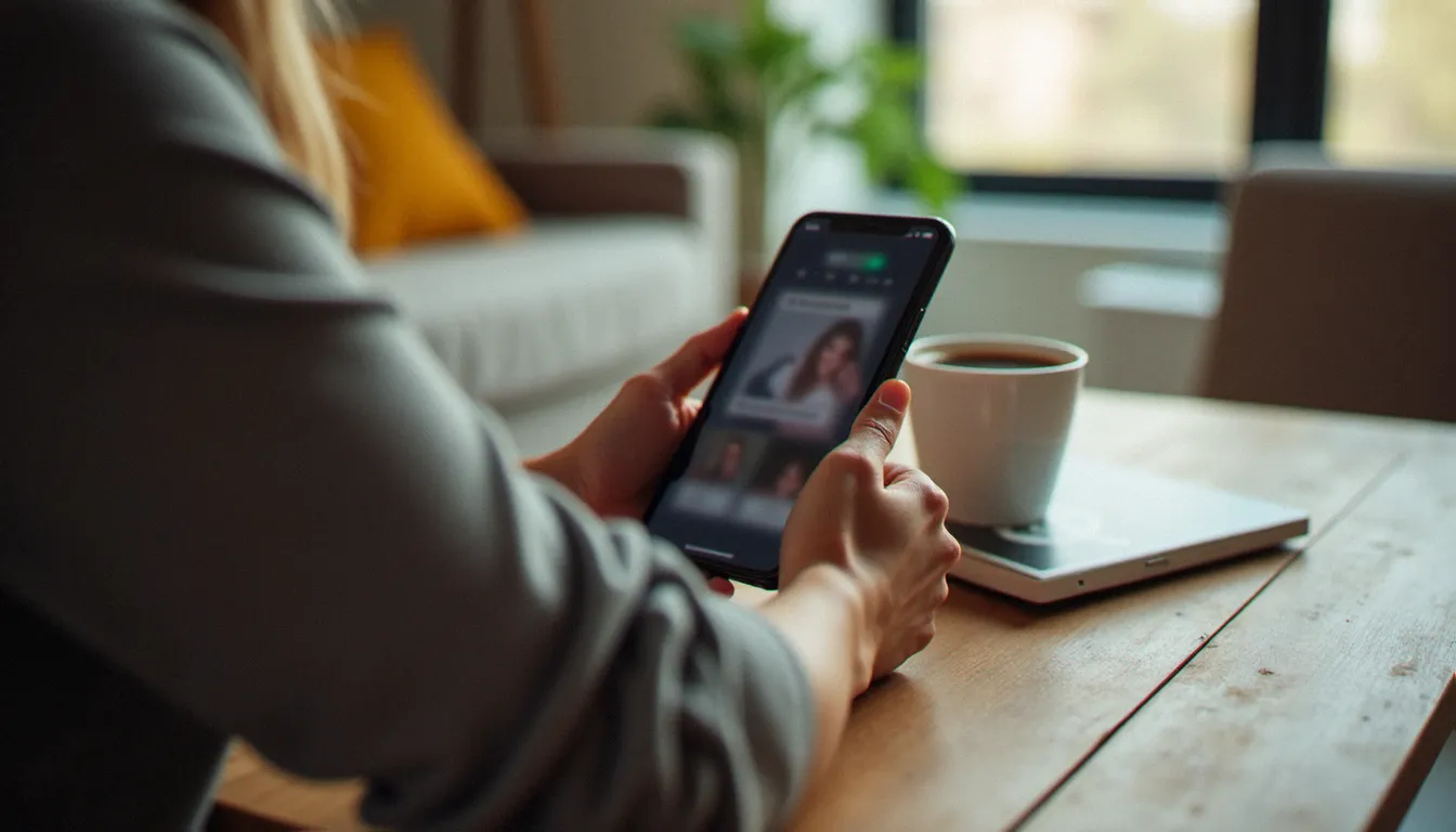 Smartphone affichant une application de rencontres floue sur une table, symbolisant la recherche en ligne d'une cougard femme