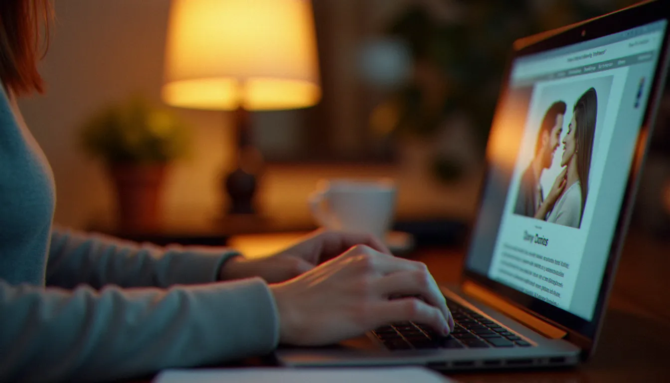 Femme utilisant un ordinateur portable pour naviguer sur une plateforme de rencontres en ligne, symbolisant la recherche de sa place dans les rencontres cougars numériques