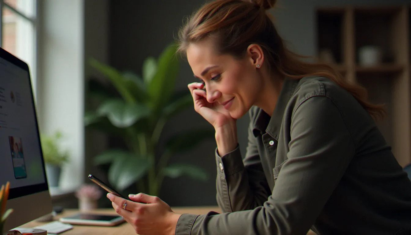 Femme cougar consultant une application de rencontres sur son smartphone depuis chez elle, illustrant les rencontres en ligne pour femmes mûres
