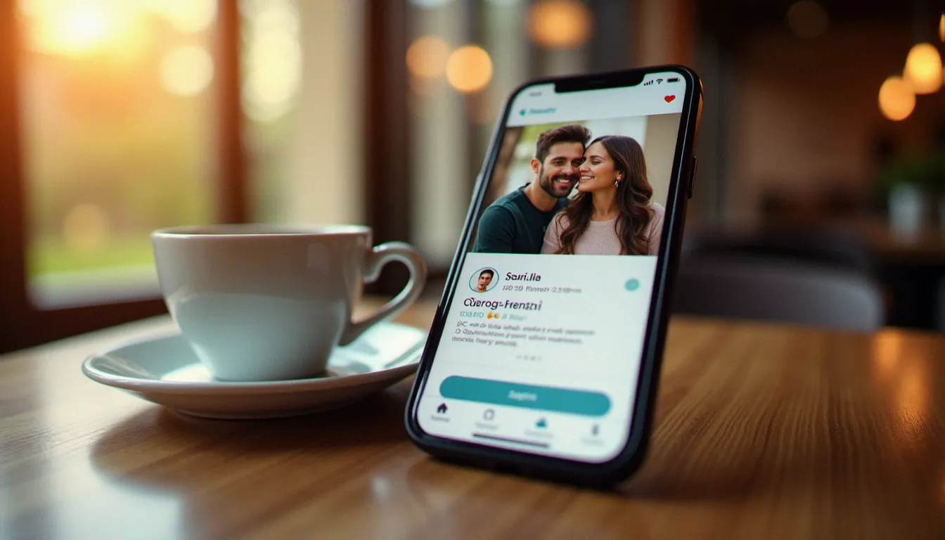 Smartphone posé sur une table avec une application de rencontre ouverte, illustrant la recherche en ligne d'une femme cougar dans l'Yonne