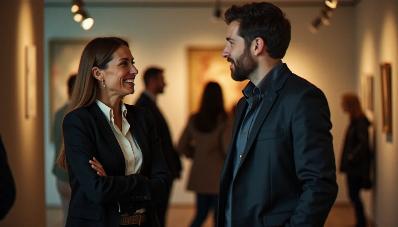 Scène de rencontre entre une femme mûre et un homme plus jeune lors d'un vernissage, illustrant la complicité intellectuelle des relations cougard