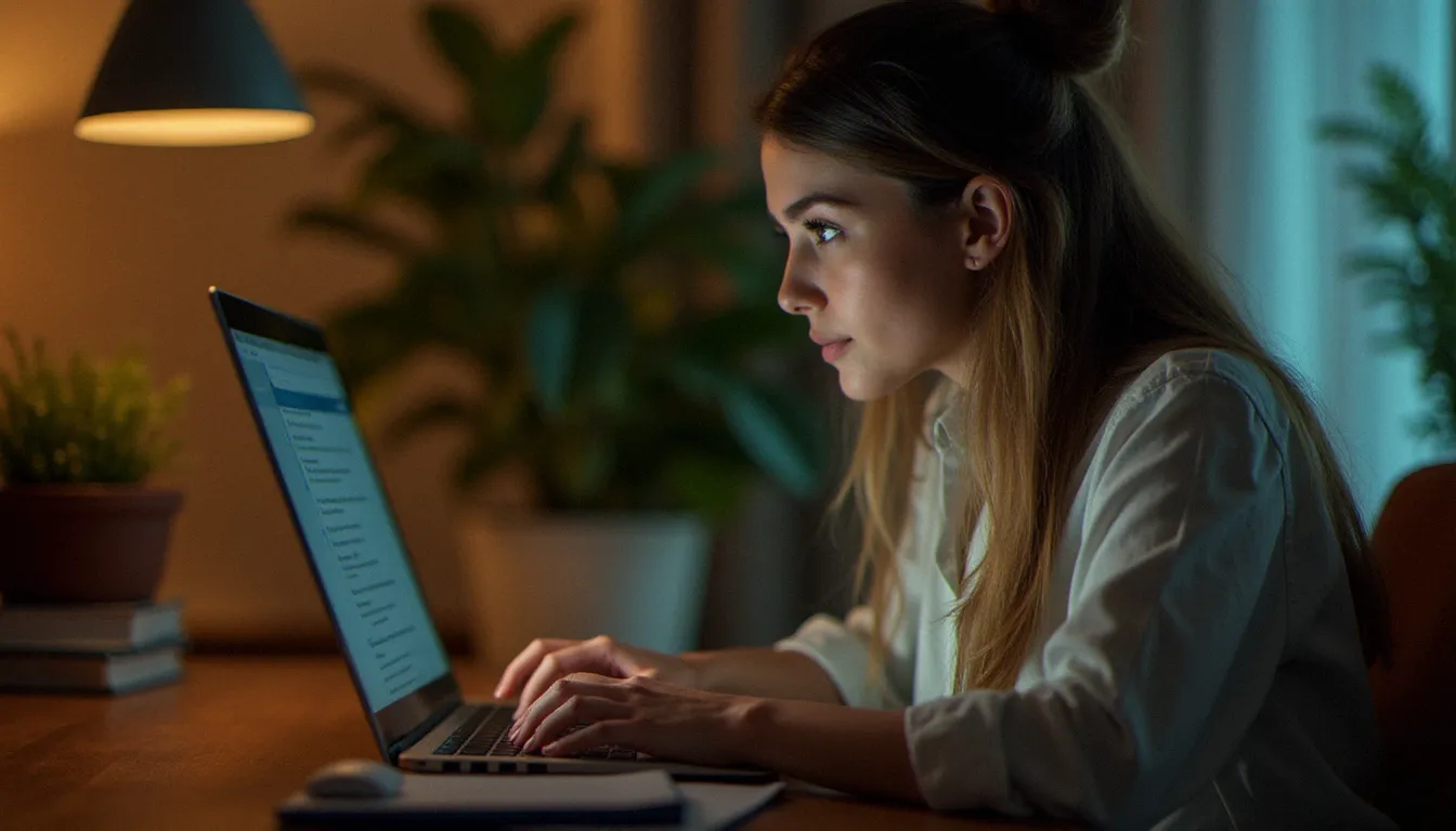 Femme cougard utilisant une plateforme de rencontres en ligne depuis chez elle, dans un cadre chaleureux et moderne