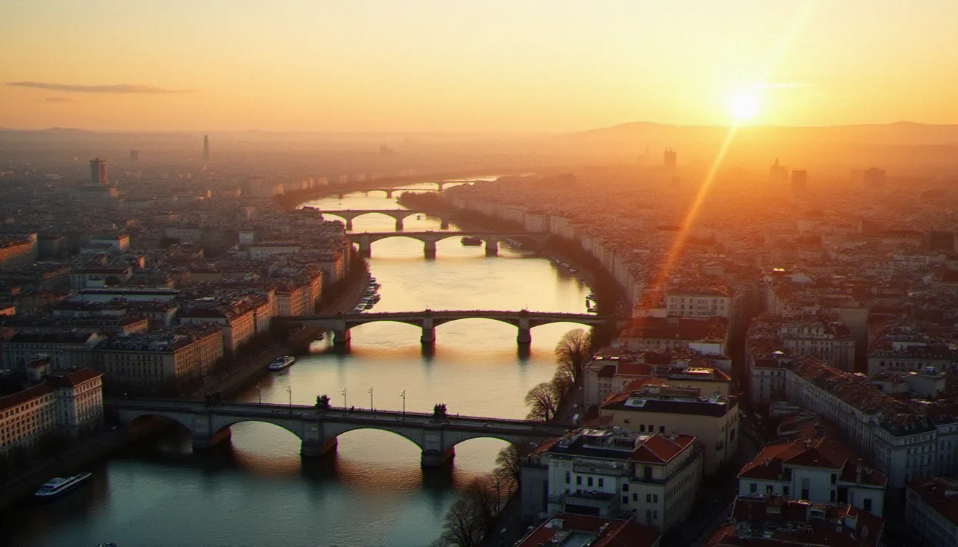 Vue panoramique de grandes villes françaises au coucher du soleil, symbolisant les dynamiques de rencontres cougar dans les métropoles de France
