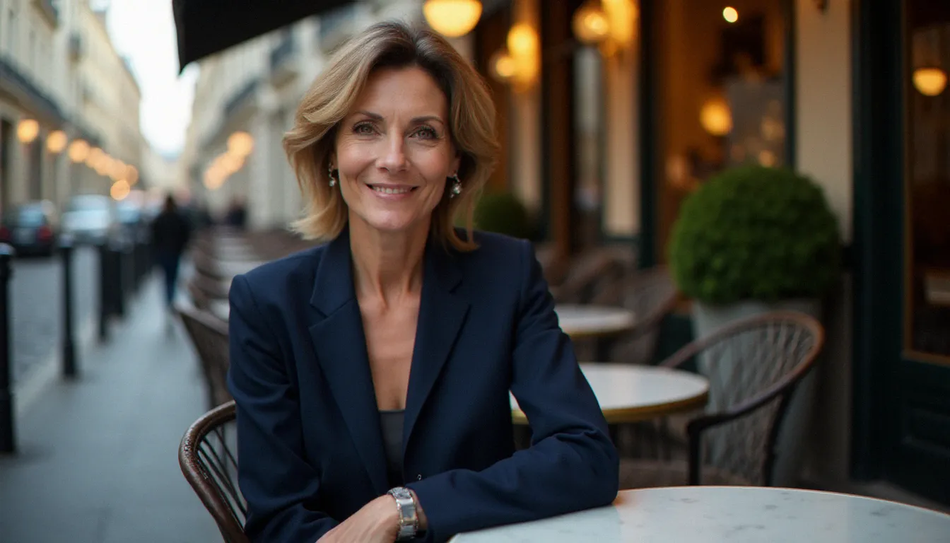 Femme cougar élégante et confiante attablée à une terrasse parisienne, incarnant la séduction mature à la française
