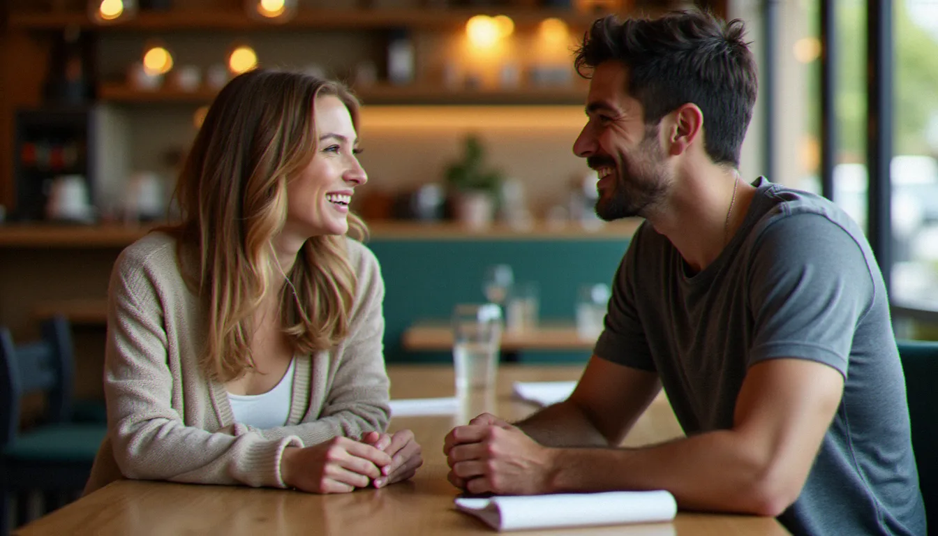 Couple avec différence d'âge discutant dans un bistrot français, représentant une relation cougar épanouissante