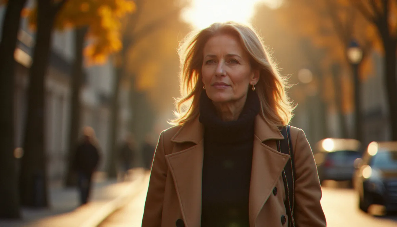 Femme indépendante et épanouie marchant dans une rue parisienne en automne, symbole de la liberté et de la confiance en soi après 50 ans