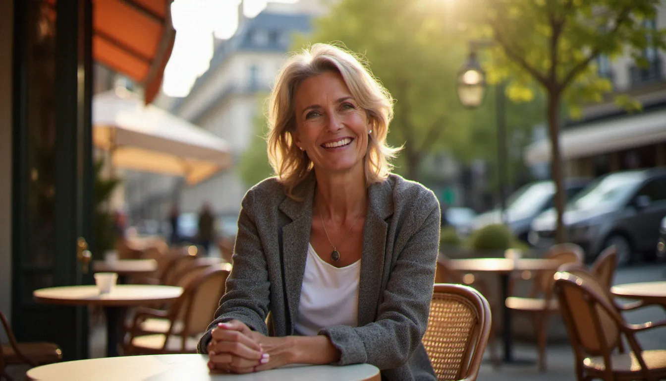Femme mature et élégante dans un café parisien, illustrant le thème des femmes cougars et de l'âge dans les relations amoureuses