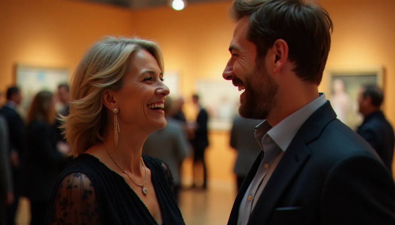 Femme mûre et jeune homme discutant lors d'un vernissage, illustrant une rencontre naturelle entre femmes cougars et hommes jeunes