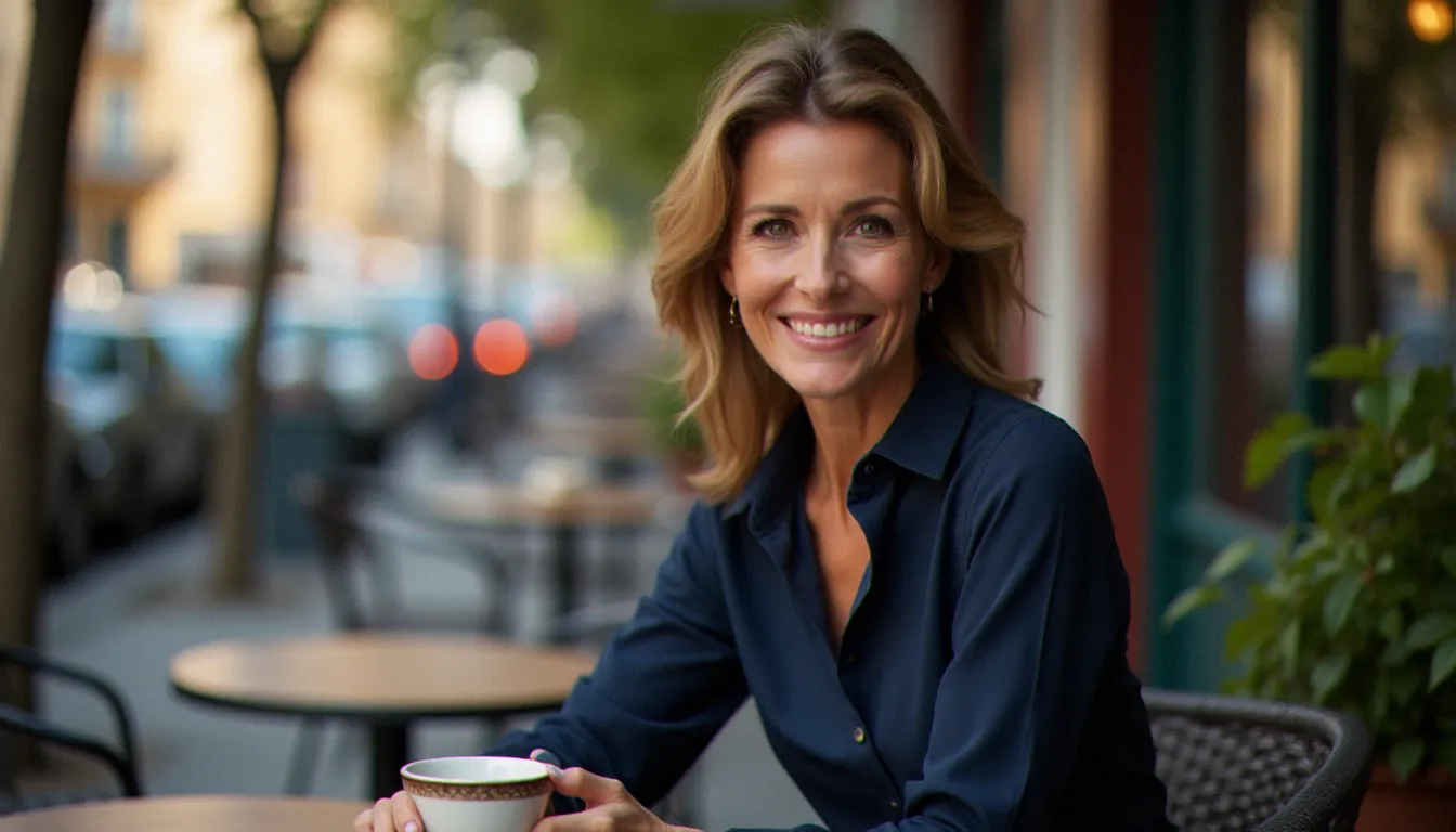 Femme mûre élégante à la terrasse d'un café parisien, illustrant le profil d'une femme cougar épanouie et confiante