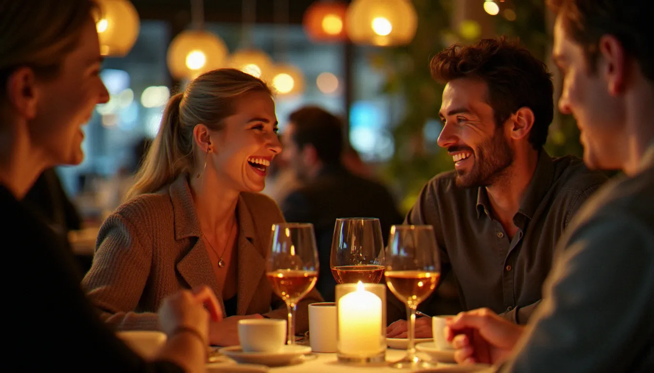 Femme mûre et homme plus jeune partageant un dîner complice dans un restaurant parisien, illustrant l'attraction entre une cougar française et un partenaire plus jeune