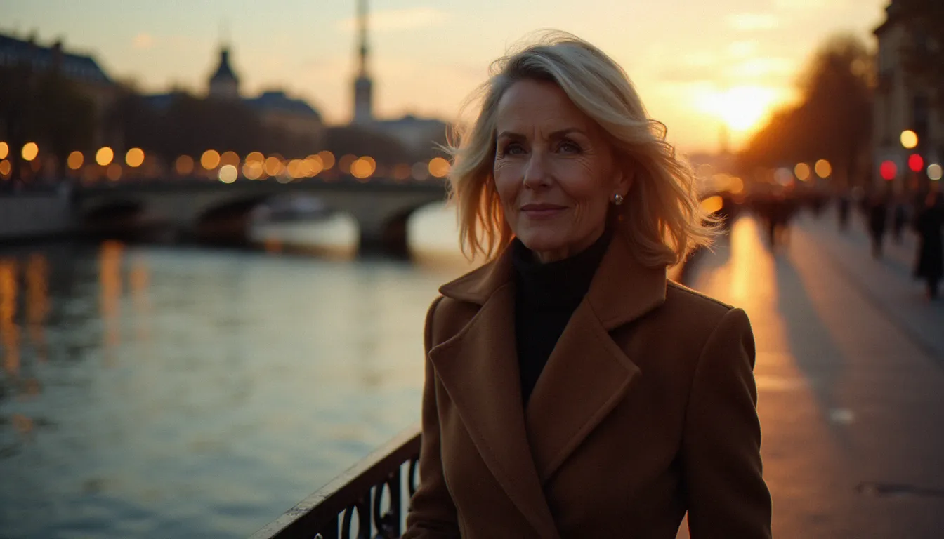 Femme épanouie d'une cinquantaine d'années se promenant seule au bord de la Seine à Paris, symbole de l'indépendance et de la confiance en soi de la cougar française