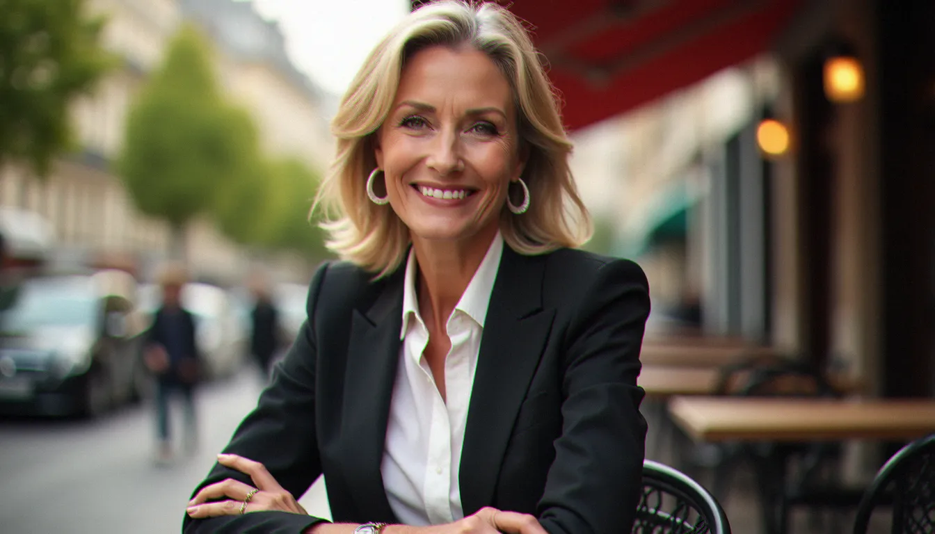 Femme française mûre et élégante assise à une terrasse de café parisien, incarnant la figure de la française cougar confiante et séduisante