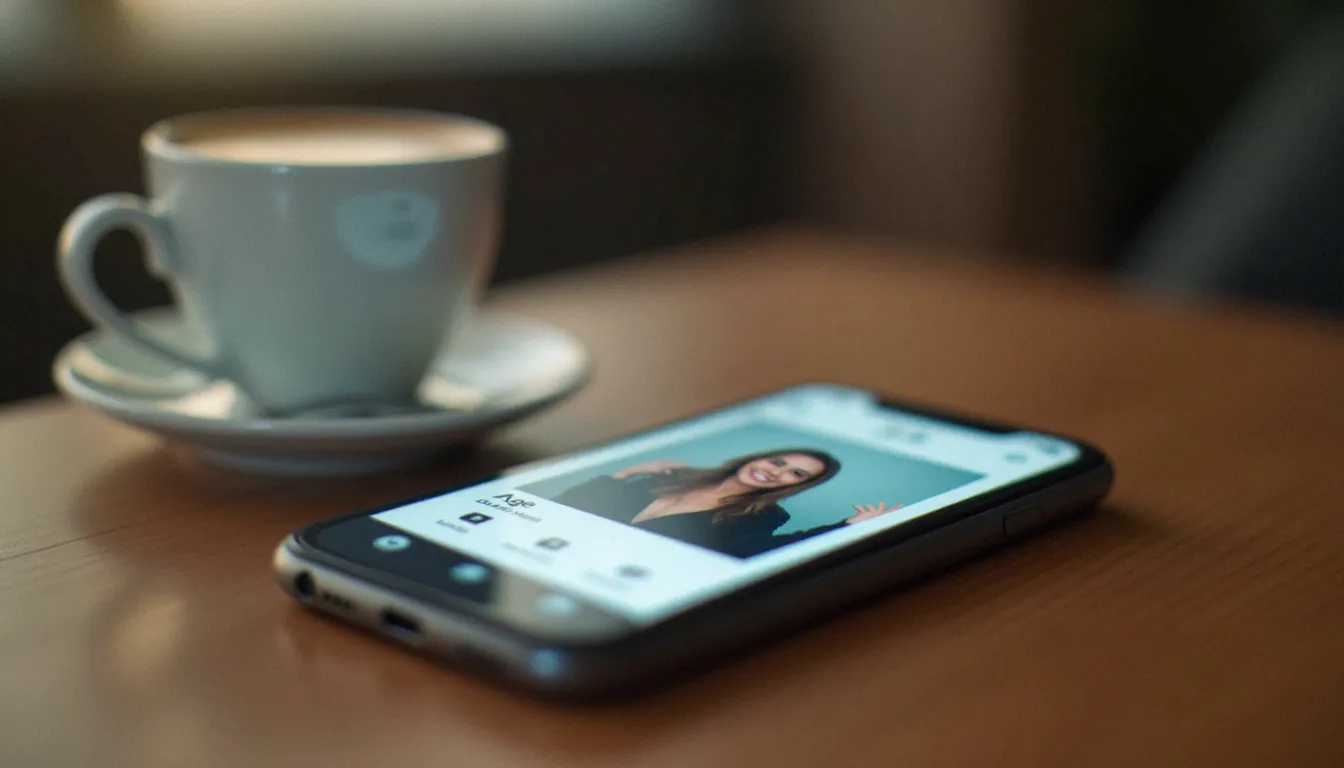 Téléphone affichant une application de rencontre avec filtres d'âge, illustrant la recherche d'une rencontre cougar sur plateforme numérique