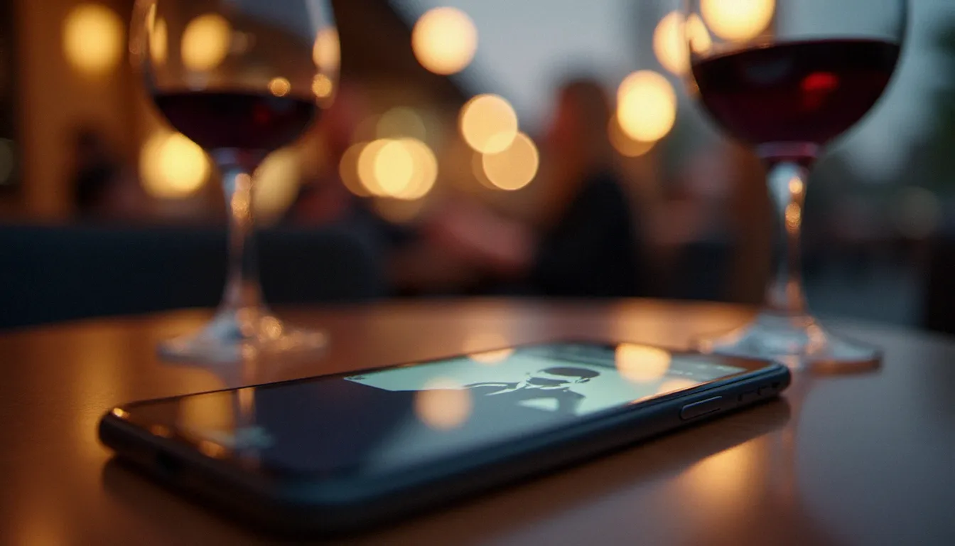 Smartphone posé sur une table de café parisien avec une application de rencontre milf à l'écran flouté, symbole des rencontres en ligne entre femmes mûres et hommes jeunes