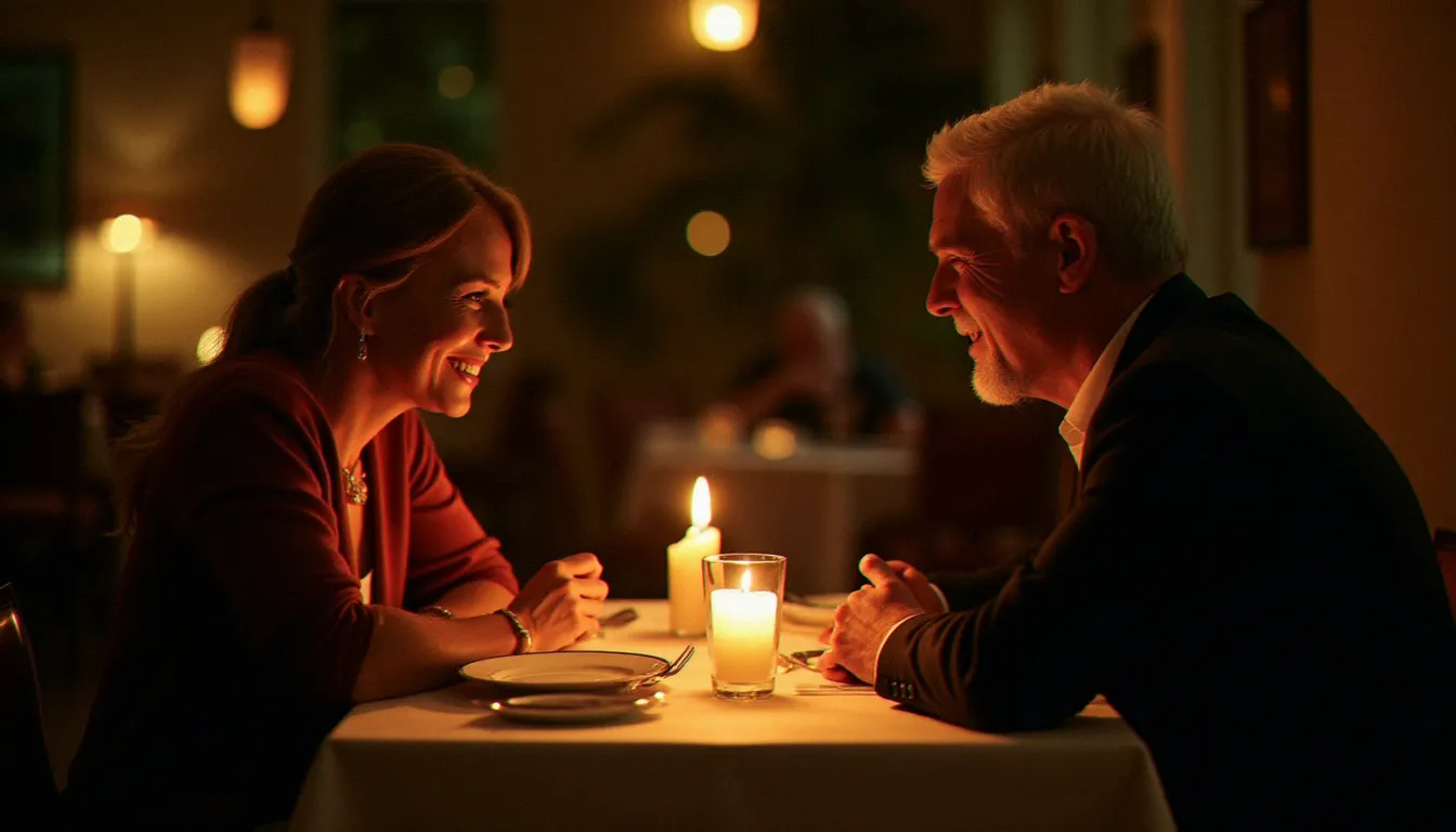 Un homme jeune et une femme mûre en conversation chaleureuse dans un restaurant élégant, illustrant une rencontre milf réussie basée sur le respect et l'authenticité