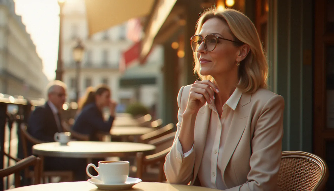 Femme mûre élégante assise en terrasse d'un café parisien, illustrant l'univers authentique de la rencontre milf en France