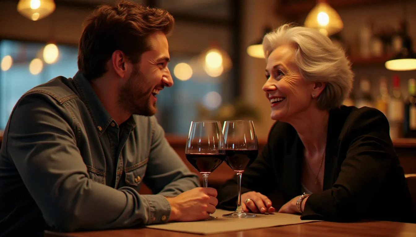 Jeune homme et femme plus âgée en conversation complice dans un bar, symbolisant la dynamique de séduction entre générations