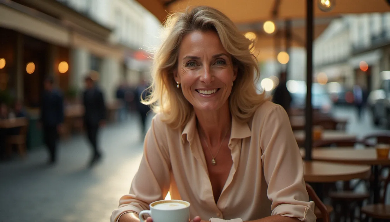 Femme mûre élégante assise à la terrasse d'un café parisien, illustrant l'univers des rencontres cougar en France
