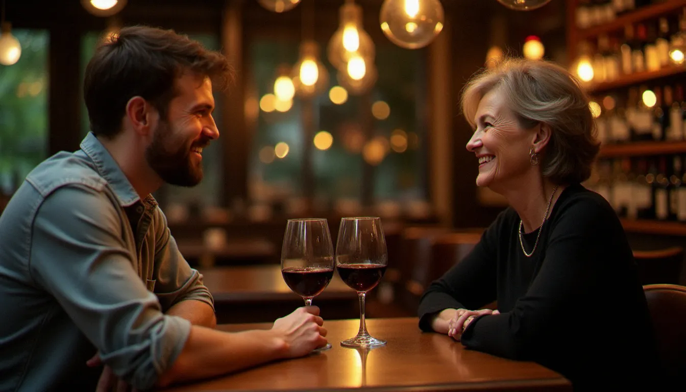 Un homme jeune et une femme mature partagent un moment complice autour d'un verre, illustrant la dynamique d'une rencontre intergénérationnelle authentique