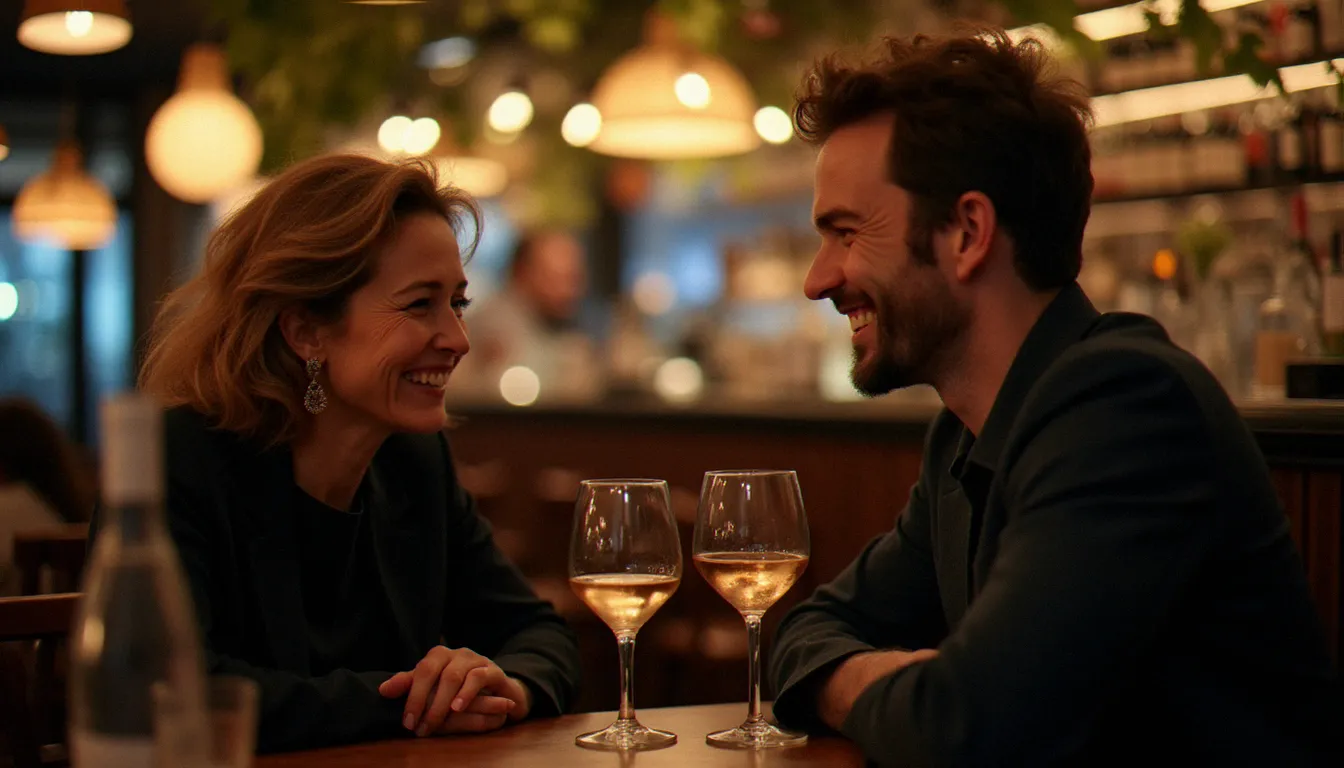 Femme mature et jeune homme en conversation complice dans un bar contemporain parisien, illustrant la complicité naturelle d'une rencontre intergénérationnelle