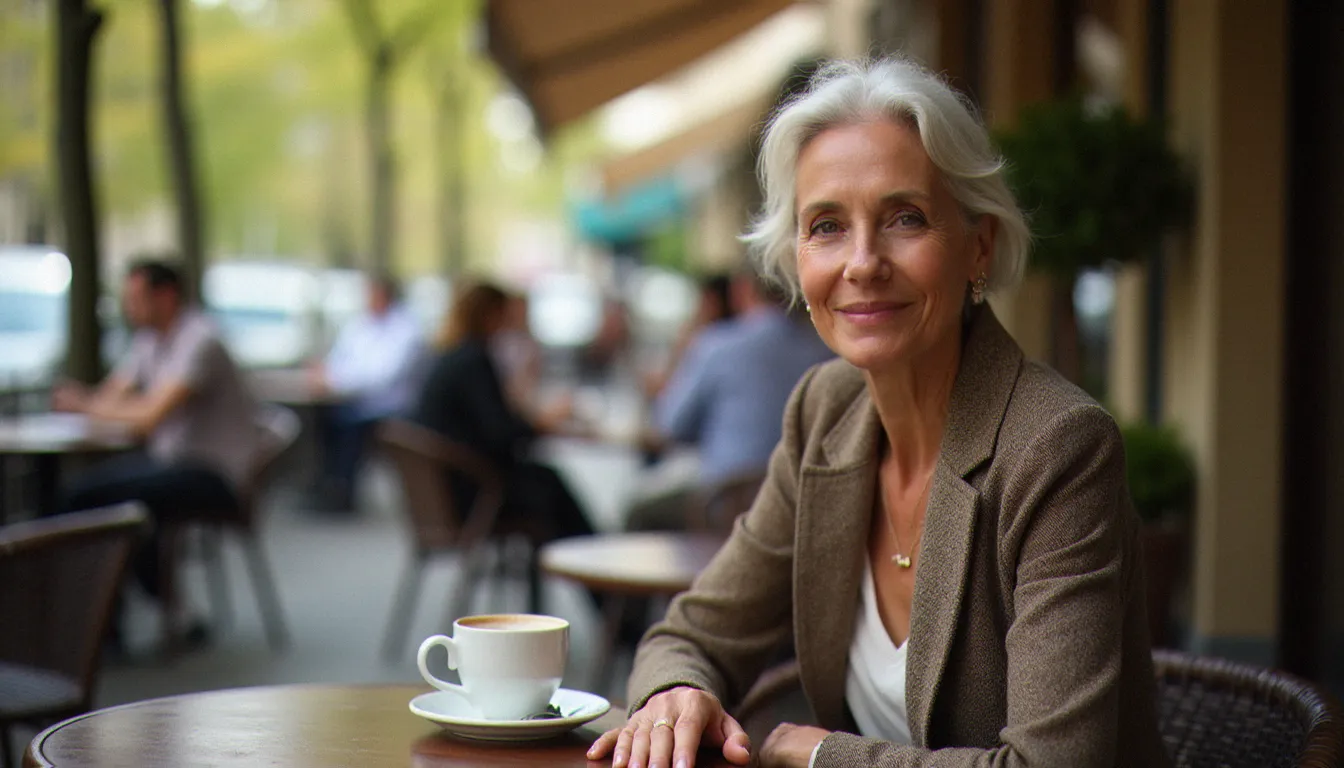 Femme mature élégante attablée à la terrasse d'un café parisien, illustrant l'univers des rencontres entre femmes mûres et hommes plus jeunes