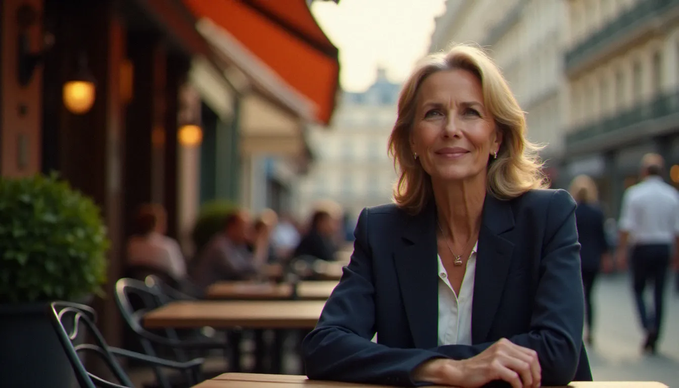 Femme mature élégante et souriante assise à une terrasse de café parisien, illustrant la sérénité et la confiance en soi lors d'une rencontre avec une mature