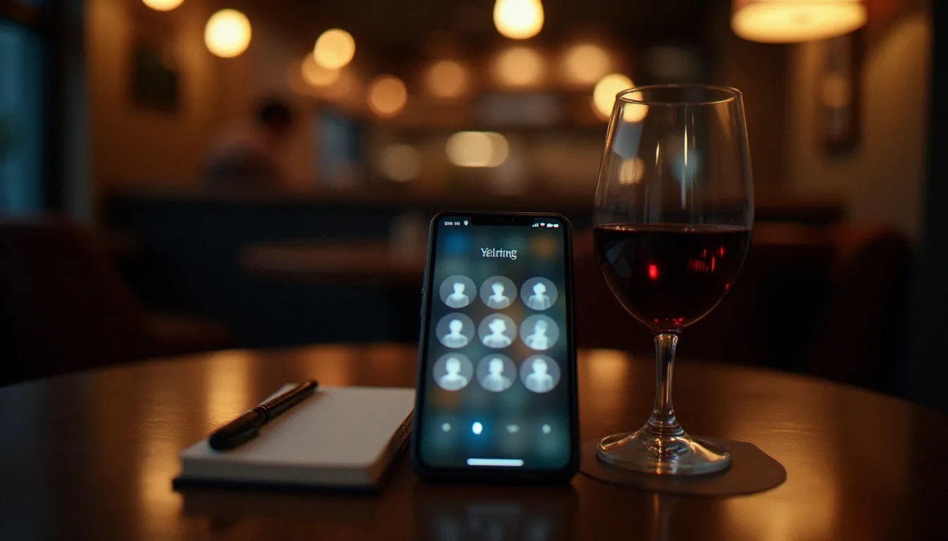 Téléphone affichant une interface floue de plateforme de rencontres posé sur une table de café, symbolisant les sites spécialisés pour rencontrer des cougars en ligne