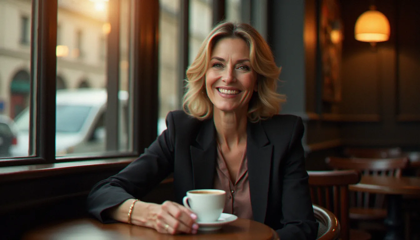 Femme mûre élégante et confiante dans un café parisien, illustrant l'univers des rencontres cougars dans la capitale française