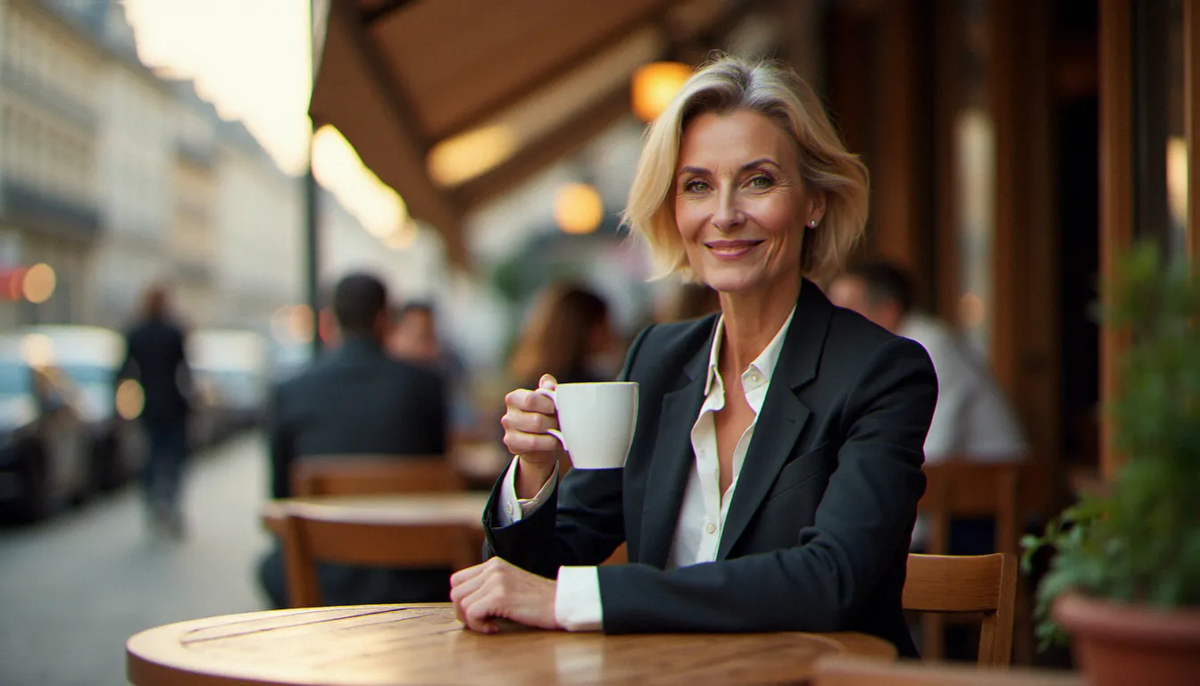 Femme mûre élégante attablée à une terrasse de café parisien, illustrant le thème de rencontrer des femmes mures avec assurance