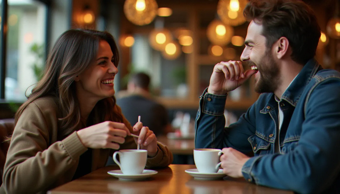 Femme mûre et homme plus jeune discutant avec complicité autour d'un café dans une brasserie française moderne