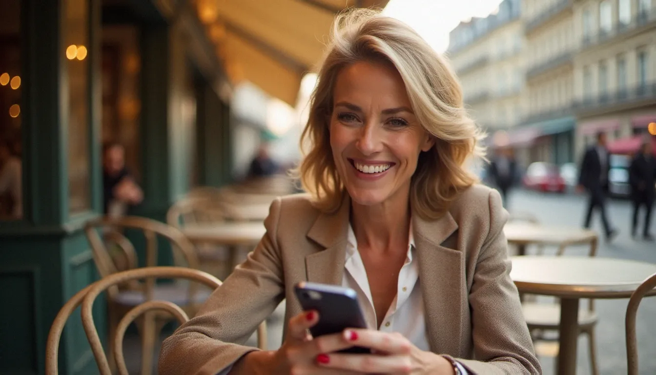 Femme mûre élégante dans la quarantaine utilisant un site cougar sur son smartphone dans un café parisien ensoleillé