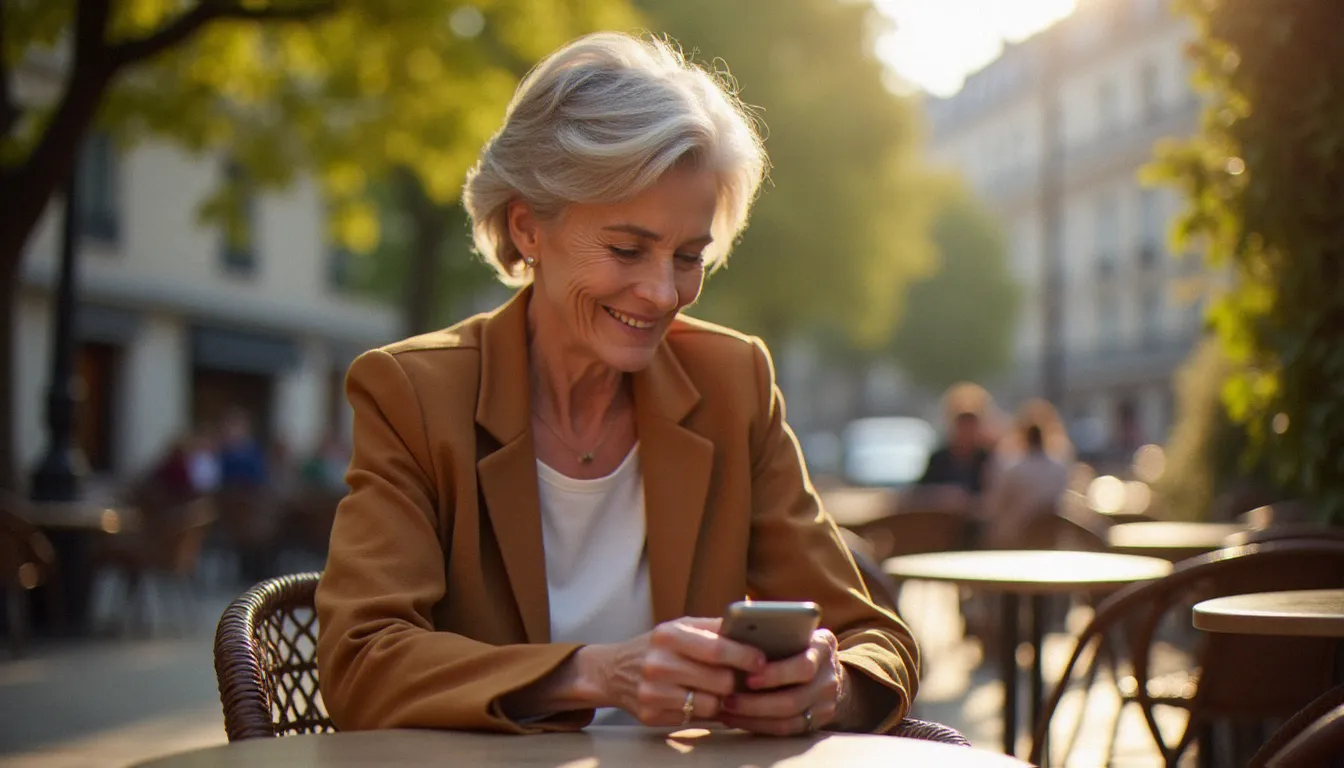 Femme mature et élégante consultant un site de rencontre cougar sur son téléphone dans un café parisien