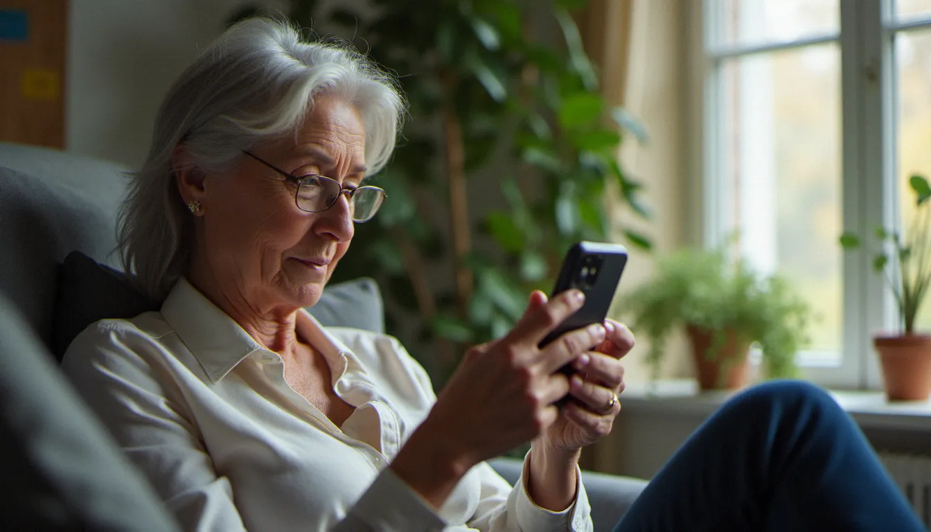 Femme épanouie d'une cinquantaine d'années consultant son téléphone pour des rencontres en ligne, dans un intérieur contemporain lumineux