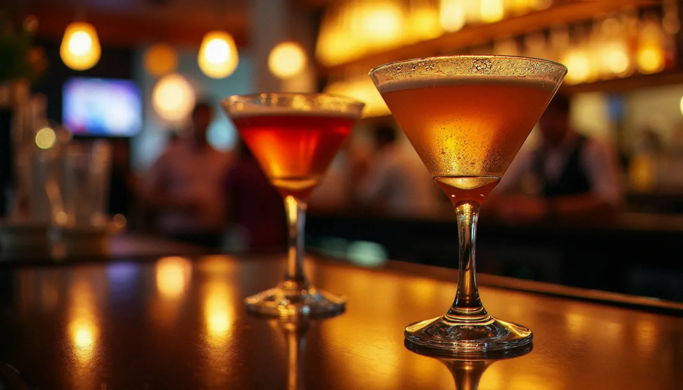 Deux verres de cocktail posés sur un comptoir de bar, ambiance nocturne chaleureuse en arrière-plan, illustrant l'atmosphère d'une soirée dans un bar à cougar