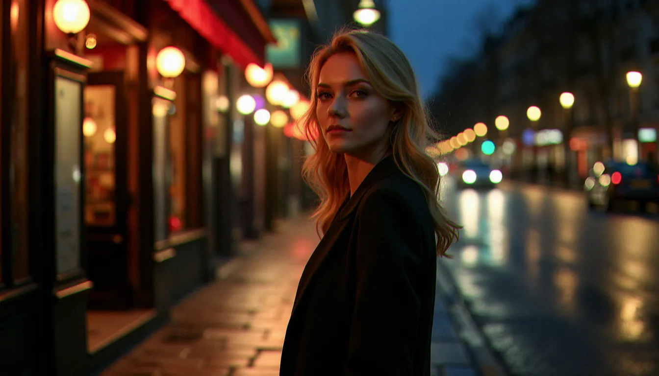 Femme élégante d'une quarantaine d'années devant l'entrée d'un bar parisien la nuit, regard assuré, illustrant la confiance en soi lors d'une première sortie dans un bar à cougar