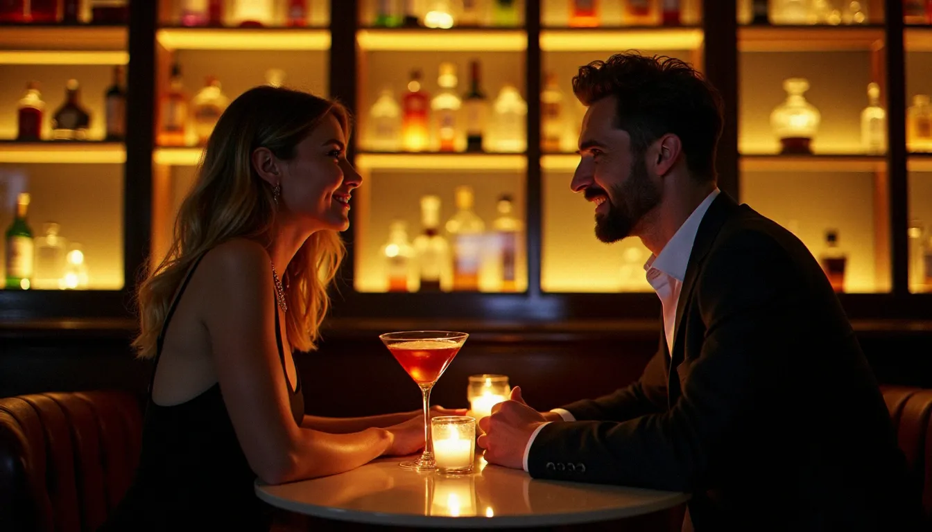 Intérieur d'un bar parisien élégant la nuit, une femme mûre et un jeune homme en conversation autour de cocktails — ambiance typique d'un bar à cougar