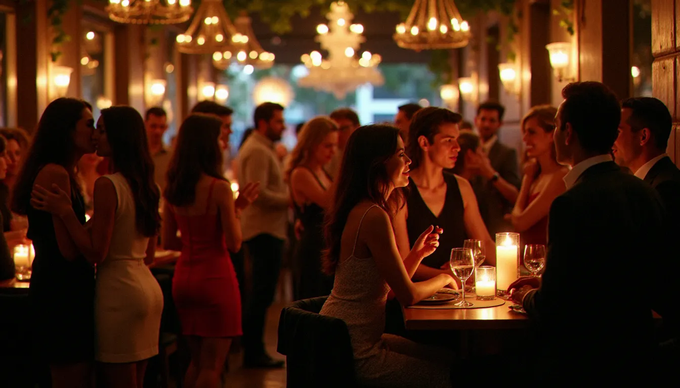 Groupe de personnes en train de socialiser lors d'une soirée dans un bar parisien, ambiance conviviale et décontractée lors d'un événement de rencontres entre adultes