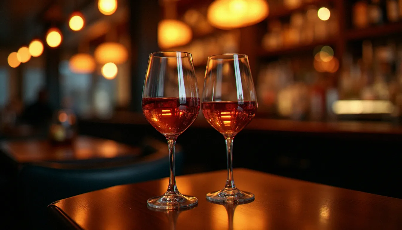 Deux verres de vin qui s'entrechoquent dans un bar tamisé et élégant, ambiance intime symbolisant une rencontre cougar réussie