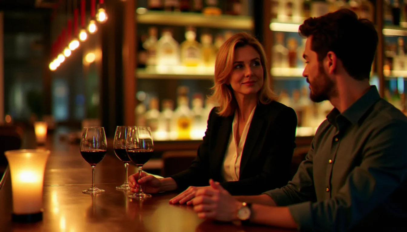 Intérieur d'un bar élégant la nuit avec une femme mûre et un homme plus jeune en conversation autour d'un verre, ambiance chaleureuse, illustrant le concept de bar cougar