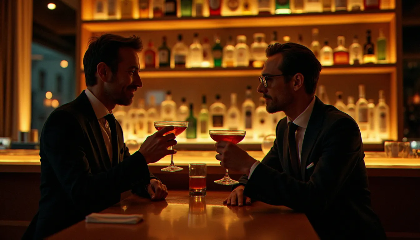Bar élégant parisien avec clientèle adulte conversant autour de cocktails, ambiance feutrée propice aux rencontres cougar à Paris